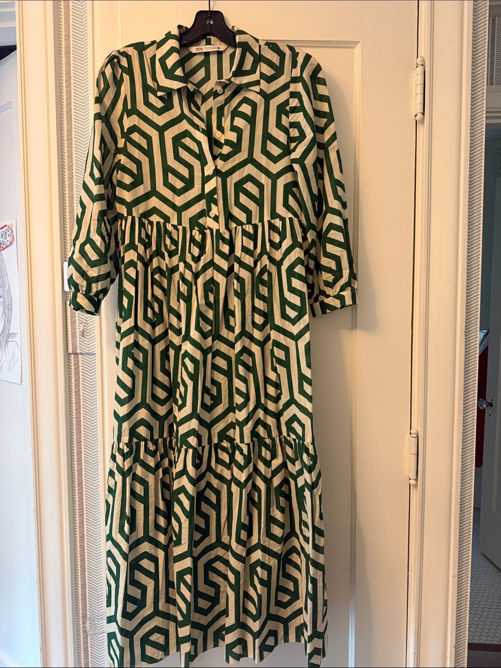 Zara Green and Cream Geometric Maxi Shirt Dress
